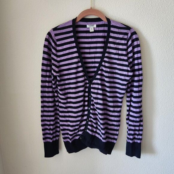 OLD NAVY Y2K Striped Purple & Dark Navy Blue Cardigan Sz M Preppy 100% cotton - Picture 1 of 5